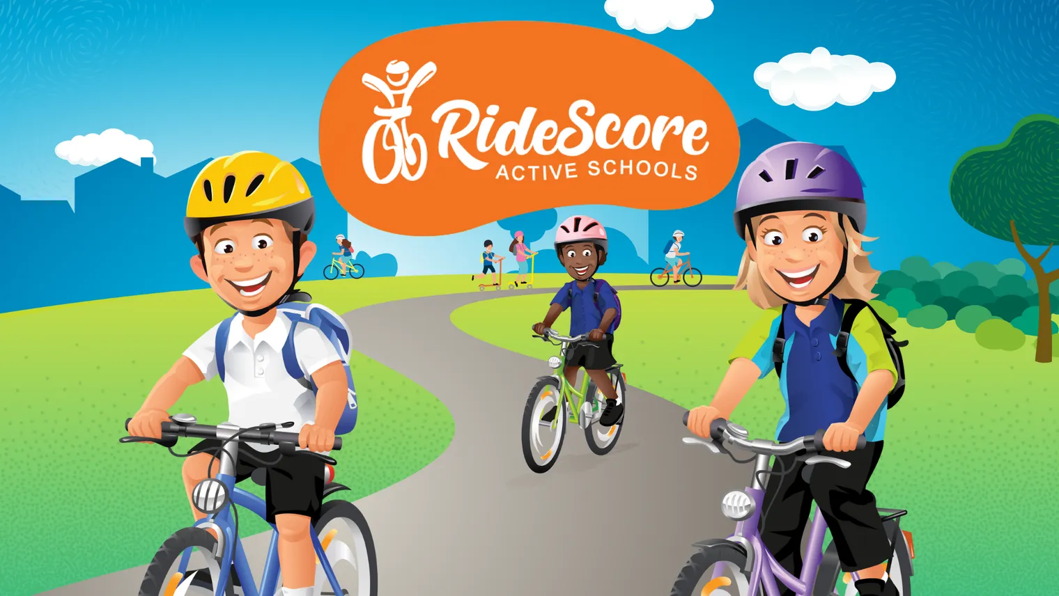 RideScore banner with logo and cartoon children riding and scooting along a path.